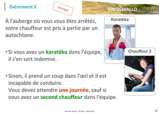 32
À l'auberge où vous vous êtes arrêtés,
votre chauffeur est pris à partie par un
autochtone.
• Si vous avez un karatéka dans l'équipe,
il s'en sort indemne.
• Sinon, il prend un coup dans l'œil et il est
incapable de conduire.
Vous devez attendre une journée, sauf si
vous avez un second chauffeur dans l'équipe.
Événement 6
VINOGHIALLO
Karatéka
Chauffeur 2
Tout droit réservé - CIPE 2021 - www.CIPE.fr
 