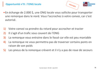 36
•En échange de 2.000 $, une ONG locale vous sollicite pour transporter
une remorque dans le nord. Vous l'accrochez à votre convoi, car c'est
autorisé.
1) Votre convoi va prendre du retard pour accrocher et tracter
2) Il s'agit d'un trafic sous couvert de l'ONG
3) La remorque vous entraine dans le fossé car elle est peu maniable
4) La remorque ne vous permettra pas de traverser certains ponts en
raison de son poids
5) Les pneus de la remorque crèvent et il n'y a pas de roue de secours
Opportunité n°8 : l'ONG locale
Tout droit réservé - CIPE 2021 - www.CIPE.fr
 