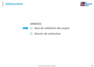 47
ANNEXES
1) Quiz de validation des acquis
2) Dossier de restitution
DÉROULEMENT
Tout droit réservé - CIPE 2021 - www.CIPE.fr
 