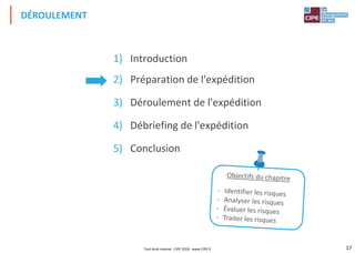 17
1) Introduction
2) Préparation de l'expédition
3) Déroulement de l'expédition
4) Débriefing de l'expédition
5) Conclusion
DÉROULEMENT
Tout droit réservé - CIPE 2018 - www.CIPE.fr
 