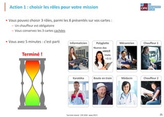 25
Action 1 : choisir les rôles pour votre mission
Chauffeur 2
Chauffeur 1
Médecin
Mécanicien
Karatéka Boute en train
Informaticien Polyglotte
•Hallo
•你好
•Buenos dias
•
Terminé !
• Vous pouvez choisir 3 rôles, parmi les 8 présentés sur vos cartes :
– Un chauffeur est obligatoire
– Vous conservez les 3 cartes cachées
• Vous avez 5 minutes : c'est parti
Tout droit réservé - CIPE 2018 - www.CIPE.fr
 