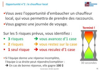 31
•Vous avez l'opportunité d'embaucher un chauffeur
local, qui vous permettra de prendre des raccourcis.
•Vous gagnez une journée de voyage.
Sur les 5 risques prévus, vous identifiez :
▪ 3 risques ➔ vous avancez d'1 case
▪ 2 risques ➔ vous restez sur la case
▪ 1 seul risque ➔ vous reculez d'1 case
•Si l'équipe donne une réponse incomplète,
l'équipe à sa droite peut répondre/compléter :
➔ En cas de bonne réponse, elle gagne 100 $
Opportunité n°2 : le chauffeur local
Terminé !
30 secondes
Tout droit réservé - CIPE 2018 - www.CIPE.fr
 