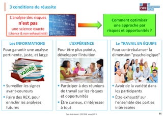 44
3 conditions de réussite
L'analyse des risques
n'est pas
une science exacte
(chance & non exhaustivité)
Comment optimiser
une approche par
risques et opportunités ?
Les INFORMATIONS
Pour garantir une analyse
pertinente, juste, et large
▪ Surveiller les signes
avant-coureurs
▪ Faire des REX, pour
enrichir les analyses
futures
L'EXPÉRIENCE
Pour être plus pointu,
développer l'intuition
▪ Participer à des réunions
de travail sur les risques
et opportunités
▪ Être curieux, s'intéresser
à tout
Le TRAVAIL EN ÉQUIPE
Pour contrebalancer la
dimension "psychologique"
▪ Avoir de la variété dans
les participants
▪ Être exhaustif sur
l'ensemble des parties
intéressées
Tout droit réservé - CIPE 2018 - www.CIPE.fr
 