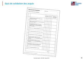 46
Quiz de validation des acquis
Riscomania,le jeu du Management des risques®,CIPE, Tous Droits Réservés
Questionnaire d'évaluation
Cochez la (les) bonne(s) réponse(s) :
A B C D E
écrivez un "1"
quand la réponse
est correcte
1 Quelle est la Norme NF ISO en rapport avec le
Management du risque ?
2 Dans le cadre du Management du risque, quelle est la
définition du "risque" ?
3
Le Management des risques, a pour objectif :
l'augmentation de la probabilité d’atteindre les
objectifs planifiés
4 Quelle est la 1ère
étape du management des risques ?
5 Pour identifier les risques, on peut (trouver l'intrus) :
6 Comment nomme-t-on ce type de représentation?
7
Pour coter un risque, 2 critères sont utilisés :
comment nomme-t-on celui qui qualifie la fréquence
du risque ?
8
Pour coter un risque, 2 critères sont utilisés :
comment nomme-t-on celui qui qualifie l'importance
du risque ?
9 Pour identifier les éléments de contexte externes
de l'entreprise, on utilise l'acronyme PESTEL
10 Il existe 6 traitements possibles d'un risque :
Total :
Prénom, Nom :
Tout droit réservé - CIPE 2018 - www.CIPE.fr
 