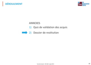 47
ANNEXES
1) Quiz de validation des acquis
2) Dossier de restitution
DÉROULEMENT
Tout droit réservé - CIPE 2018 - www.CIPE.fr
 