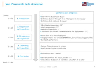 7
Vue d'ensemble de la simulation
Tout droit réservé - CIPE 2018 - www.CIPE.fr
1. Introduction
2. Préparation
de l'expédition
4. Débriefing
de l'expédition
3. Déroulement
de l'expédition
0 h 20
1 h 10
1 h 20
0 h 30
Total : 3 h 40
Durées :
5. Conclusion
0 h 20
Contenus des chapitres
▪Présentation du contexte du jeu
▪Définition du mot "Risque", et du "Management des risques"
▪Définition de la méthode de travail
▪Identification des risques (20')
▪Analyse des risques (25')
▪Évaluation des risques (5')
▪Traitement des risques : choix des rôles et des équipements (20')
▪Réalisation de la mission (30 jours)
▪Tirage journalier des cartes ÉVÉNEMENTS, et réponse aux opportunités
▪Suivi de la performance
▪Retour d'expérience sur la mission
▪Analyse quantitative et qualitative
▪Points importants à retenir
▪Quiz de validation des acquis (ajouter 15')
▪Présentation du dossier de restitution (en dehors de la salle)
 