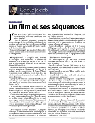 SAMEDI 16 FËVRIER




Un film et ses séquences
 '      AI L'IMPRESSION que nous traversons une                aura la possibilité de renouveler le collège de ceux


J       zone de sables mouvants: tout bouge, rien
        n'est cristallisé.
          Des événements inattendus, comme la
renonciation par le chef de l'Église catholique à ses
fonctions ou l'essai nucléaire nord-coréen; au Mali
                                                               qui l'auront fait pape.
                                                                 Le catholicisme aujourd'hui? Selon les statistiques
                                                               du Vatican, ils étaient 1,196 milliard de fidèles dans le
                                                               monde en 2010, en augmentation de 15 millions par
                                                               rapport à l'année précédente.
comme en 1misie, une actualité si évolutive qu'elle             Sur ces 15 millions, 6 millions, soit 40 %, viennent
en devient insaisissable.                                      d'Afriqne, portant le nombre de catholiques africains à
  Regardons d'aussi près que possible le fihn qui se           186 millions, soit 18,3 % de la population du continent.
déroule sous nos yeux et disséquons quelques-unes                En Europe, le nombre des catholiques est en léger
de ses séquences.                                              déclin; ils constituent 39,9 % de la population totale .
                              •
   1) Le pape Benoît XVI a stupéfait les 1,2 milliard
                                                                                           •
                                                                 2) Le Mali a du chemin à faire:
de catholiques - dont il est le chef - et le monde en            La « drôle de guerre» qui y a éclaté le 10 janvier
annonçant, le 11 février, que son âge et son état de           est dans son deuxième mois, et l'on parle déjà à son
santé le conduisaient à renoncer à sa fonction (avec           sujet de guérilla.
effet au 28 février 2013).                                       Prendra-t-elle de l'ampleur? Où en sera le pays
  Un pape ne démissionne pas. En revanche, il peut             dans six mois? Quel sera alors le niveau de sécurité
renoncer à sa charge. Mais depuis cinq siècles, si             ou d'insécurité
quelques-uns des prédécesseurs de Benoît XVI ont                 • dans le nord du pays, qu'il faut pacifier après
pu y songer, aucun n'a franchi le pas. C'est donc un              l'avoir reconquis,
acte de rupture qui, n'en doutons pas, fera date et              • dans le Sud, où la paix et la sécurité doivent être
servira d'exemple.                                                 restaurées et maintenues?
  « J'ai pris cette décision, a déclaré Benoît XVI, de           Nul n'estassmé des bonnes réponses à ces questions.
mon plein gré, en toute liberté, dans l'intérêt de l'Église,     Ce dont on est presque sûr, en revanche, c'est que
après de longues prières et un examen de conscience            les élections présidentielle et législatives espérées et
devant Dieu. »                                                 annoncées pour juillet ne se tiendront, en réalité et
  Cet homme âgé de 86 ans, souverain de l'État du              au mieux, qu'en novembre prochain.
Vatican, a voulu, ainsi, laisser la place à un successeur        La campagne électorale qui les aura précédées et les
plus jeune, que l'exercice du pouvoir n'a pas usé et qui       scrutins eux-mêmes ne seront possibles et crédibles
soit« capable de réagir sans réflexes datés ».                 que si la République malienne a retrouvé, au Nord
  D'autres souverains, qui ont reçu, eux aussi, le pouvoir     comme au Sud, des relations apaisées et sereines entre
en viager, vont avoir à se demander s'ils ne devraient         ses composantes sociales et politiques.
pas en faire autant - et aussi bien! Et que peuvent
encore arguer la dizaine de chefs d'État africains qui
                                                                                           •
                                                                 Il faudra pour cela que ses autorités de transition
triturent les Constitutions qu'ils ont juré de respecter       fassent montre de qualités que nous n'avons pas
pour se faire octroyer autant de mandats qu'il faut            observées jusqu'ici. Il faudra, en outre, que les Nations
pour mourir gra bataires au pouvoir?                           unies se soient mises en branle plus vite qu'elles n'en
                              •
  Grâce au geste raisonné de Benoit XVI, l'Église
                                                               ont l'habitude, que la France, la Cedeao et l'Union
                                                               africaine, qui ont engagé leurs hommes, des moyens
catholique se donnera en mars un nouveau pape. Il              financiers et leur réputation, réussissent à nouer entre
sera plus jeune, élu à une majorité qualifiée (deux tiers      elles une parfaite coordination.
des voix du collège des cardinaux). Et ce souverain              Et fassent un sans-faute.
JE UNE AFRI QU E                                                                                  N' 27 19 . DU 17 A U 23 FËY RIER 2013
 