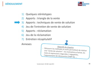 18
1) Quelques stéréotypes
2) Apports : triangle de la vente
3) Apports : techniques de vente de solution
4) Jeu de l'entretien de vente de solution
5) Apports : réclamation
6) Jeu de la réclamation
7) Entretien récapitulatif
Annexes
DÉROULEMENT
Tout droit réservé - CIPE 2020 - www.CIPE.fr
 