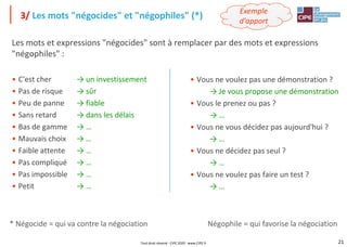 21
Les mots et expressions "négocides" sont à remplacer par des mots et expressions
"négophiles" :
• C'est cher → un investissement
• Pas de risque → sûr
• Peu de panne → fiable
• Sans retard → dans les délais
• Bas de gamme → …
• Mauvais choix → …
• Faible attente → …
• Pas compliqué → …
• Pas impossible → …
• Petit → …
3/ Les mots "négocides" et "négophiles" (*)
* Négocide = qui va contre la négociation Négophile = qui favorise la négociation
Tout droit réservé - CIPE 2020 - www.CIPE.fr
Exemple
d'apport
• Vous ne voulez pas une démonstration ?
→ Je vous propose une démonstration
• Vous le prenez ou pas ?
→ …
• Vous ne vous décidez pas aujourd'hui ?
→ …
• Vous ne décidez pas seul ?
→ …
• Vous ne voulez pas faire un test ?
→ …
 