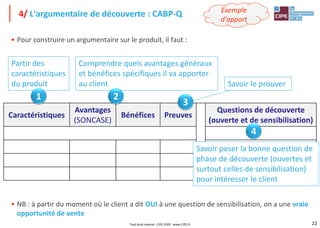 22
• Pour construire un argumentaire sur le produit, il faut :
• NB : à partir du moment où le client a dit OUI à une question de sensibilisation, on a une vraie
opportunité de vente
4/ L'argumentaire de découverte : CABP-Q
Caractéristiques
Avantages
(SONCASE)
Bénéfices Preuves
Questions de découverte
(ouverte et de sensibilisation)
Partir des
caractéristiques
du produit
1
Comprendre quels avantages généraux
et bénéfices spécifiques il va apporter
au client
2
Savoir poser la bonne question de
phase de découverte (ouvertes et
surtout celles de sensibilisation)
pour intéresser le client
4
Savoir le prouver
3
Tout droit réservé - CIPE 2020 - www.CIPE.fr
Exemple
d'apport
 