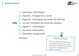 25
1) Quelques stéréotypes
2) Apports : triangle de la vente
3) Apports : techniques de vente de solution
4) Jeu de l'entretien de vente de solution
5) Apports : réclamation
6) Jeu de la réclamation
7) Entretien récapitulatif
Annexes
DÉROULEMENT
Tout droit réservé - CIPE 2020 - www.CIPE.fr
 