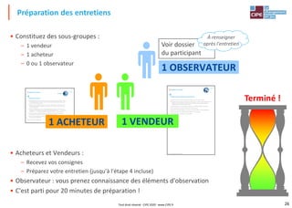 26
• Constituez des sous-groupes :
– 1 vendeur
– 1 acheteur
– 0 ou 1 observateur
• Acheteurs et Vendeurs :
– Recevez vos consignes
– Préparez votre entretien (jusqu'à l'étape 4 incluse)
• Observateur : vous prenez connaissance des éléments d'observation
• C'est parti pour 20 minutes de préparation !
Préparation des entretiens
Terminé !
1 OBSERVATEUR
VISUAL', le Management visuel de la performance®
VENDEUR DANS LA BOUTIQUE DE CONFOCYCLE
Vous êtes vendeur dans la boutique de Confocycle, située à Bourg-La-Reine.
L'objectif que vous a assigné votre patron est de maximiser à la fois le chiffre d'affaires de la
boutique et aussi la satisfaction des clients car l'expérience montre que les acheteurs
satisfaits ramènent beaucoup d'autres clients.
Vous disposez pour cela du catalogue produit et des méthodes CABPQ et triangulaire.
Prenez le temps de les étudier avant de rencontrer les clients.
Aujourd’hui exceptionnellement vous pouvez offrir jusqu’à 30% sur tous les accessoires.
Votre commission est de 50% du chiffre d’affaires sur les accessoires.
Vous n’avez pas de commission sur les modèles.
Consignes au vendeur

chap. 6
VISUAL', le Management visuel de la performance®
VISUAL', le Management visuel de la performance®
PROFESSEUR DES ÉCOLES
Vous êtes professeur des écoles avec une classe de CM2. Vous êtes intéressé(e) d'acheter un
vélo électrique pour faire un peu d'exercice en faisant des trajets domicile-école par beau
temps et éviter d'attendre le bus.
Vous emmenez au travail un cartable ou un sac à dos toujours plein. La route est soit une
départementale de quatre kilomètres, très passante, soit un raccourci de trois kilomètres
avec une bonne côte.
Vous avez un bébé d'un an. Vous ne faites pas souvent de sport, et ne voulez pas arriver
épuisé(e) et en transpiration. Vous et votre conjoint êtes passionnés de …………, et faites des
activités de ………… avec des amis pendant les vacances. Vous avez … ans et habitez à …………
C'est pour cela que vous êtes rentré dans une boutique de cycles. Vous avez regardé sur
internet les offres de vélo, et trouvé très compliqué de faire un choix.
Vous avez prévu de dépenser 1100 euros, voire 1500 euros, si les arguments sont
personnalisés et convaincants.
Consignes à l'acheteur

"Profil 1"
CADRE D'UNE BANQUE
Vous travaillez dans une agence bancaire et profitez des possibilités des horaires variables.
Ainsi, avec le cumul des heures, vous pouvez avoir de nombreux week-end de trois jours
pour vous promener dans la nature autour de votre maison située au milieu d'une zone de
forêts et de lacs y faire de la photo, observer les migrateurs. Aujourd'hui vous faites tous vos
trajets en voiture, et acheter un vélo électrique entrerait dans votre sensibilité d'écologiste.
Votre domicile est une petite maison située à quatre kilomètres de votre travail. Vous êtes
passionné de ............., faites des activités de ............. avec des copains. Vous avez .... ans,
êtes ...... (marié, enfants ou pas) et habitez à .......... C'est pour cela que vous êtes rentré dans
une boutique de cycles. Vous avez regardé sur internet les offres de vélo, et trouvé assez
compliqué de faire un choix entre les modèles et les accessoires. Vous avez prévu de
dépenser environ 1100 euros, voire 1500 euros si les arguments sont personnalisés et
convaincants.
Consignes à l'acheteur

chap. 6
chap. 6
"Profil 2"
Voir dossier
du participant
À renseigner
après l'entretien
1 ACHETEUR 1 VENDEUR
Tout droit réservé - CIPE 2020 - www.CIPE.fr
 