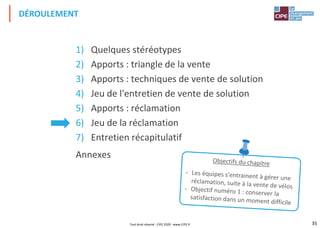 35
1) Quelques stéréotypes
2) Apports : triangle de la vente
3) Apports : techniques de vente de solution
4) Jeu de l'entretien de vente de solution
5) Apports : réclamation
6) Jeu de la réclamation
7) Entretien récapitulatif
Annexes
DÉROULEMENT
Tout droit réservé - CIPE 2020 - www.CIPE.fr
 