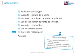 38
1) Quelques stéréotypes
2) Apports : triangle de la vente
3) Apports : techniques de vente de solution
4) Jeu de l'entretien de vente de solution
5) Apports : réclamation
6) Jeu de la réclamation
7) Entretien récapitulatif
Annexes
DÉROULEMENT
Tout droit réservé - CIPE 2020 - www.CIPE.fr
 