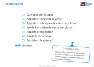 41
1) Quelques stéréotypes
2) Apports : triangle de la vente
3) Apports : techniques de vente de solution
4) Jeu de l'entretien de vente de solution
5) Apports : réclamation
6) Jeu de la réclamation
7) Entretien récapitulatif
Annexes
DÉROULEMENT
Tout droit réservé - CIPE 2020 - www.CIPE.fr
 