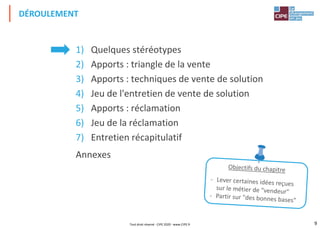 9
1) Quelques stéréotypes
2) Apports : triangle de la vente
3) Apports : techniques de vente de solution
4) Jeu de l'entretien de vente de solution
5) Apports : réclamation
6) Jeu de la réclamation
7) Entretien récapitulatif
Annexes
DÉROULEMENT
Tout droit réservé - CIPE 2020 - www.CIPE.fr
 