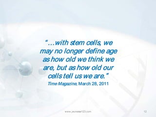 “ …with stem cells, we
may no longer define age
as how old we think we
 are, but as how old our
   cells tell us we are.”
  Time Magazine, March 28, 2011




          www.jeunesse123.com     12
 