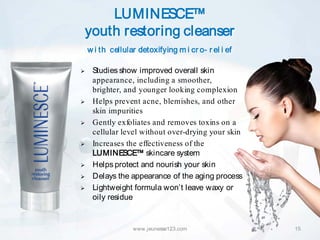 LUMINESCE™
youth restoring cleanser
    w i th cellular detoxifying m i cr o- r el i ef

    Studies show improved overall skin
     appearance, including a smoother,
     brighter, and younger looking complexion
    Helps prevent acne, blemishes, and other
     skin impurities
    Gently exfoliates and removes toxins on a
     cellular level without over-drying your skin
    Increases the effectiveness of the
     LUMINESCE™ skincare system
    Helps protect and nourish your skin
    Delays the appearance of the aging process
    Lightweight formula won’t leave waxy or
     oily residue


                  www.jeunesse123.com                 15
 