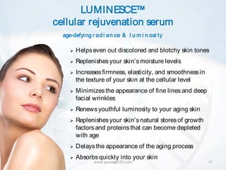 LUMINESCE™
cellular rejuvenation serum
  age-defyi ng r ad i an ce & l u m i n osi ty

        Helps even out discolored and blotchy skin tones
        Replenishes your skin’s moisture levels
        Increases firmness, elasticity, and smoothness in
         the texture of your skin at the cellular level
        Minimizes the appearance of fine lines and deep
         facial wrinkles
        Renews youthful luminosity to your aging skin
        Replenishes your skin’s natural stores of growth
         factors and proteins that can become depleted
         with age
        Delays the appearance of the aging process
        Absorbs quickly into your skin
               www.jeunesse123.com                           17
 