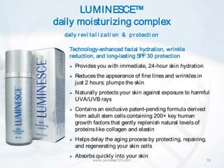 LUMINESCE™
daily moisturizing complex
  daily r evi tal i z ati on & p r otecti on

    Technology-enhanced facial hydration, wrinkle
    reduction, and long-lasting SPF 30 protection
       Provides you with immediate, 24-hour skin hydration
       Reduces the appearance of fine lines and wrinkles in
        just 2 hours; plumps the skin
       Naturally protects your skin against exposure to harmful
        UVA/UVB rays
       Contains an exclusive patent-pending formula derived
        from adult stem cells containing 200+ key human
        growth factors that gently replenish natural levels of
        proteins like collagen and elastin
       Helps delay the aging process by protecting, repairing,
        and regenerating your ski n cells
       Absorbs quickly into your skin
               www.jeunesse123.com                                18
 