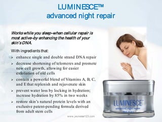 LUMINESCE™
                      advanced night repair

Works while you sleep–when cellular repair is
most active–by enhancing the health of your
skin’s DNA.
With ingredients that:
   enhance single and double strand DNA repair
   decrease shortening of telomeres and promote
    new cell growth, allowing for easier
    exfoliation of old cells
   contain a powerful blend of Vitamins A, B, C,
    and E that replenish and rejuvenate skin
   prevent water loss by locking in hydration;
    increase hydration by 85% in two weeks
   restore skin’s natural protein levels with an
    exclusive patent-pending formula derived
    from adult stem cells
                                   www.jeunesse123.com   20
 