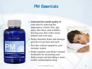 PM Essentials


   Improves the overall quality of
    your skin by reducing the
    appearance of pore size, age
    spots, fine lines, and wrinkles,
    leaving your skin with a more
    radiant and even tone
   Helps stimulate faster and stronger
    growth of your hair and nails
   Provides critical support to your
    immune system
   Helps regulate your body’s natural
    biorhythm by increasing your
    daily energy and providing a more
    restful, uninterrupted sleep

           www.jeunesse123.com            33
 