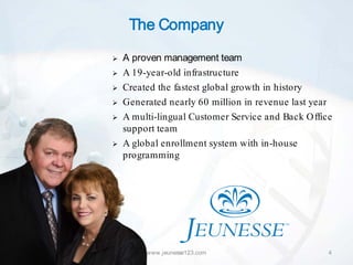 The Company
   A proven management team
   A 19-year-old infrastructure
   Created the fastest global growth in history
   Generated nearly 60 million in revenue last year
   A multi-lingual Customer Service and Back O ffice
    support team
   A global enrollment system with in-house
    programming




         www.jeunesse123.com                        4
 