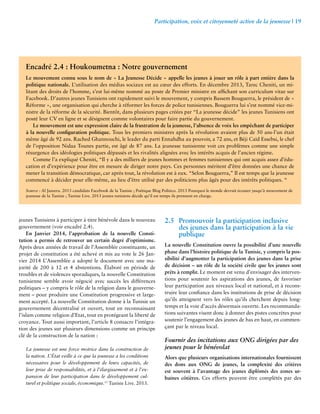 Participation, voix et citoyenneté active de la jeunesse | 19 
Encadré 2.4 : Houkoumetna : Notre gouvernement 
Le mouvement connu sous le nom de « La Jeunesse Décide » appelle les jeunes à jouer un rôle à part entière dans la 
politique nationale. L’utilisation des médias sociaux est au coeur des efforts. En décembre 2013, Tarec Cheniti, un mi-litant 
des droits de l’homme, s’est lui-même nommé au poste de Premier ministre en affichant son curriculum vitae sur 
Facebook. D’autres jeunes Tunisiens ont rapidement suivi le mouvement, y compris Bassem Bouguerra, le président de « 
Réforme », une organisation qui cherche à réformer les forces de police tunisiennes. Bouguerra lui s’est nommé vice-mi-nistre 
de la réforme de la sécurité. Bientôt, dans plusieurs pages créées par “La jeunesse décide” les jeunes Tunisiens ont 
posté leur CV en ligne et se désignent comme volontaires pour faire partie du gouvernement. 
Le mouvement est une expression claire de la frustration de la jeunesse, l’absence de voix les empêchant de participer 
à la nouvelle configuration politique. Tous les premiers ministres après la révolution avaient plus de 50 ans-l’un était 
même âgé de 92 ans. Rached Ghannouchi, le leader du parti Ennahdha au pouvoir, a 72 ans, et Béji Caïd Essebsi, le chef 
de l’opposition Nidaa Tounes partie, est âgé de 87 ans. La jeunesse tunisienne voit ces problèmes comme une simple 
résurgence des idéologies politiques dépassés et les rivalités alignées avec les intérêts acquis de l’ancien régime. 
Comme l’a expliqué Cheniti, “Il y a des milliers de jeunes hommes et femmes tunisiennes qui ont acquis assez d’édu-cation 
et d’expérience pour être en mesure de diriger notre pays. Ces personnes méritent d’être données une chance de 
mener la transition démocratique, car après tout, la révolution est à eux. “Selon Bouguerra,” Il est temps que la jeunesse 
commencé à décider pour elle-même, au lieu d’être utilisé par des politiciens plus âgés pour des intérêts politiques. “ 
Source : Al Jazeera. 2013 candidats Facebook de la Tunisie ; Poétique Blog Politico. 2013 Pourquoi le monde devrait écouter jusqu’à mouvement de 
jeunesse de la Tunisie ; Tunisie Live. 2013 jeunes tunisiens décide qu’il est temps ils prennent en charge. 
jeunes Tunisiens à participer à titre bénévole dans le nouveau 
gouvernement (voir encadré 2.4). 
En Janvier 2014, l’approbation de la nouvelle Consti-tution 
a permis de retrouver un certain degré d’optimisme. 
Après deux années de travail de l’Assemblée constituante, un 
projet de constitution a été achevé et mis au vote le 26 Jan-vier 
2014 L’Assemblée a adopté le document avec une ma-jorité 
de 200 à 12 et 4 abstentions. Élaboré en période de 
troubles et de violences sporadiques, la nouvelle Constitution 
tunisienne semble avoir négocié avec succès les différences 
politiques – y compris le rôle de la religion dans le gouverne-ment 
– pour produire une Constitution progressive et large-ment 
accepté. La nouvelle Constitution donne à la Tunisie un 
gouvernement décentralisé et ouvert, tout en reconnaissant 
l’islam comme religion d’Etat, tout en protégeant la liberté de 
croyance. Tout aussi important, l’article 8 consacre l’intégra-tion 
des jeunes sur plusieurs dimensions comme un principe 
clé de la construction de la nation : 
La jeunesse est une force motrice dans la construction de 
la nation. L’État veille à ce que la jeunesse a les conditions 
nécessaires pour le développement de leurs capacités, de 
leur prise de responsabilités, et à l’élargissement et à l’ex-pansion 
de leur participation dans le développement cul-turel 
et politique sociale, économique.15 Tunisie Live. 2013. 
2.5 Promouvoir la participation inclusive 
des jeunes dans la participation à la vie 
publique 
La nouvelle Constitution ouvre la possibilité d’une nouvelle 
phase dans l’histoire politique de la Tunisie, y compris la pos-sibilité 
d’augmenter la participation des jeunes dans la prise 
de décision – un rôle de la société civile que les jeunes sont 
prêts à remplir. Le moment est venu d’envisager des interven-tions 
pour soutenir les aspirations des jeunes, de favoriser 
leur participation aux niveaux local et national, et à recons-truire 
leur confiance dans les institutions de prise de décision 
qu’ils atteignent vers les rôles qu’ils cherchent depuis long-temps 
et la voie d’accès désormais ouverte. Les recommanda-tions 
suivantes visent donc à donner des pistes concrètes pour 
soutenir l’engagement des jeunes de bas en haut, en commen-çant 
par le niveau local. 
Fournir des incitations aux ONG dirigées par des 
jeunes pour le bénévolat 
Alors que plusieurs organisations internationales fournissent 
des dons aux ONG de jeunes, la complexité des critères 
est souvent à l’avantage des jeunes diplômés des zones ur-baines 
côtières. Ces efforts peuvent être complétés par des 
 