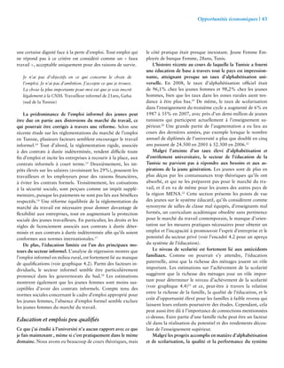 Opportunités économiques | 43 
une certaine dignité face à la perte d’emploi. Tout emploi qui 
ne répond pas à ce critère est considéré comme un « faux 
travail », acceptable uniquement pour des raisons de survie. 
Je n’ai pas d’objectifs en ce qui concerne le choix de 
l’emploi. Je n’ai pas d’ambition. J’accepte ce que je trouve. 
La chose la plus importante pour moi est que je sois inscrit 
légalement à la CNSS. Travailleur informel de 21ans, Gafsa 
(sud de la Tunisie) 
La prédominance de l’emploi informel des jeunes peut 
être due en partie aux distorsions du marché du travail, ce 
qui pourrait être corrigés à travers une réforme. Selon une 
récente étude sur les réglementations du marché de l’emploi 
en Tunisie, plusieurs facteurs semblent encourager le travail 
informel.14 Tout d’abord, la réglementation rigide, associée 
à des contrats à durée indéterminée, rendent difficile toute 
fin d’emploi et incite les entreprises à recourir à la place, aux 
contrats informels à court terme.15 Deuxièmement, les im-pôts 
élevés sur les salaires (avoisinant les 29%), poussent les 
travailleurs et les employeurs pour des raisons financières, 
à éviter les contrats formels. Troisièmement, les cotisations 
à la sécurité sociale, sont perçues comme un impôt supplé-mentaire, 
puisque les paiements ne sont pas liés aux bénéfices 
respectifs.16 Une réforme équilibrée de la réglementation du 
marché du travail est nécessaire pour donner davantage de 
flexibilité aux entreprises, tout en augmentant la protection 
sociale des jeunes travailleurs. En particulier, les droits et les 
règles de licenciement associés aux contrats à durée déter-minée 
et aux contrats à durée indéterminée afin qu’ils soient 
conformes aux normes internationales.17 
De plus, l’éducation limitée est l’un des principaux mo-teurs 
du secteur informel. L’analyse de régression montre que 
l’emploi informel en milieu rural, est fortement lié au manque 
de qualifications (voir graphique 4.2). Parmi des facteurs in-dividuels, 
le secteur informel semble être particulièrement 
prononcé dans les gouvernorats du Sud.18 Les estimations 
montrent également que les jeunes femmes sont moins sus-ceptibles 
d’avoir des contrats informels. Compte tenu des 
normes sociales concernant le cadre d’emploi approprié pour 
les jeunes femmes, l’absence d’emploi formel semble exclure 
les jeunes femmes du marché du travail. 
Education et emplois peu qualifiés 
Ce que j’ai étudié à l’université n’a aucun rapport avec ce que 
je fais maintenant , même si c’est pratiquement dans le même 
domaine. Nous avons eu beaucoup de cours théoriques, mais 
le côté pratique était presque inexistant. Jeune Femme Em-ployée 
de banque Femme, 28ans, Tunis. 
L’histoire récente au cours de laquelle la Tunisie a fourni 
une éducation de base à travers tout le pays est impression-nante, 
atteignant presque un taux d’alphabétisation uni-verselle. 
En 2008, le taux d’alphabétisation officiel était 
de 96,1% chez les jeunes femmes et 98,2% chez les jeunes 
hommes, bien que les taux dans les zones rurales aient ten-dance 
à être plus bas.19 De même, le taux de scolarisation 
dans l’enseignement du troisième cycle a augmenté de 6% en 
1987 à 35% en 2007, avec près d’un demi-million de jeunes 
tunisiens qui participent actuellement à l’enseignement su-périeur. 
20 Une grande partie de l’augmentation a eu lieu au 
cours des dernières années, par exemple lorsque le nombre 
annuel de diplômés de l’université a plus que doublé en cinq 
ans passant de 24.500 en 2001 à 52.300 en 2006.21 
Malgré l’atteinte d’un taux élevé d’alphabétisation et 
d’enrôlement universitaire, le secteur de l’éducation de la 
Tunisie ne parvient pas à répondre aux besoins et aux as-pirations 
de la jeune génération. Les jeunes sont de plus en 
plus déçus par les connaissances trop théoriques qu’ils ont 
absorbé, et qui ne les préparent pas pour le marché du tra-vail, 
et il en va de même pour les jeunes des autres pays de 
la région MENA.22 Cette section présente les points de vue 
des jeunes sur le système éducatif, qu’ils considèrent comme 
synonyme de salles de classe mal équipés, d’enseignants mal 
formés, un curriculum académique obsolète sans pertinence 
pour le marché du travail contemporain, le manque d’orien-tation 
sur les mesures pratiques nécessaires pour obtenir un 
emploi et l’incapacité à promouvoir l’esprit d’entreprise et le 
potentiel du secteur privé (voir l’encadré 4.2 pour un aperçu 
du système de l’éducation). 
Le niveau de scolarité est fortement lié aux antécédents 
familiaux. Comme on pourrait s’y attendre, l’éducation 
paternelle, ainsi que la richesse des ménages jouent un rôle 
important. Les estimations sur l’achèvement de la scolarité 
suggèrent que la richesse des ménages joue un rôle impor-tant 
pour déterminer le niveau d’achèvement de la scolarité 
(voir graphique 4.4)23 et ce, peut-être à travers la relation 
entre la richesse de la famille, la qualité de l’éducation, et le 
coût d’opportunité élevé pour les familles à faible revenu qui 
laissent leurs enfants poursuivre des études. Cependant, cela 
peut aussi être dû à l’importance de connections mentionnées 
ci-dessus. Faire partie d’une famille riche peut être un facteur 
clé dans la réalisation du potentiel et des rendements décou-lant 
de l’enseignement supérieur. 
Malgré les progrès accomplis en matière d’alphabétisation 
et de scolarisation, la qualité et la performance du système 
 
