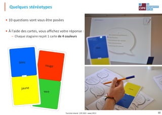 10
• 10 questions vont vous être posées
• À l'aide des cartes, vous affichez votre réponse :
– Chaque stagiaire reçoit 1 carte de 4 couleurs
Quelques stéréotypes
Tout droit réservé - CIPE 2022 - www.CIPE.fr
 