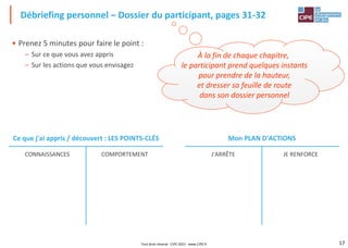 17
• Prenez 5 minutes pour faire le point :
– Sur ce que vous avez appris
– Sur les actions que vous envisagez
Débriefing personnel – Dossier du participant, pages 31-32
Ce que j'ai appris / découvert : LES POINTS-CLÉS
CONNAISSANCES COMPORTEMENT
Mon PLAN D'ACTIONS
J'ARRÊTE JE RENFORCE
Tout droit réservé - CIPE 2022 - www.CIPE.fr
À la fin de chaque chapitre,
le participant prend quelques instants
pour prendre de la hauteur,
et dresser sa feuille de route
dans son dossier personnel
 