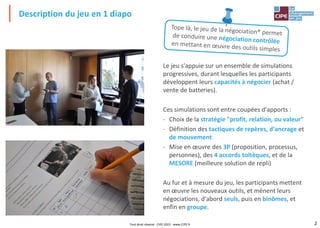 2
Description du jeu en 1 diapo
Tout droit réservé - CIPE 2022 - www.CIPE.fr
Le jeu s'appuie sur un ensemble de simulations
progressives, durant lesquelles les participants
développent leurs capacités à négocier (achat /
vente de batteries).
Ces simulations sont entre coupées d'apports :
- Choix de la stratégie "profit, relation, ou valeur"
- Définition des tactiques de repères, d'ancrage et
de mouvement
- Mise en œuvre des 3P (proposition, processus,
personnes), des 4 accords toltèques, et de la
MESORE (meilleure solution de repli)
Au fur et à mesure du jeu, les participants mettent
en œuvre les nouveaux outils, et mènent leurs
négociations, d'abord seuls, puis en binômes, et
enfin en groupe.
 