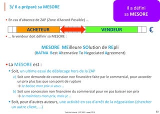 33
• En cas d'absence de ZAP (Zone d'Accord Possible) …
• … le vendeur doit définir sa MESORE :
3/ Il a préparé sa MESORE Il a défini
sa MESORE
ACHETEUR VENDEUR €
MESORE MEilleure SOlution de REpli
(BATNA Best Alternative To Negociated Agreement)
•La MESORE est :
▪ Soit, un ultime essai de déblocage hors de la ZAP
a) Soit une demande de concession non financière faite par le commercial, pour accorder
un prix plus bas que son point de rupture
→ Je baisse mon prix si vous …
b) Soit une concession non financière du commercial pour ne pas baisser son prix
→ Je maintiens mon prix, mais je …
▪ Soit, pour d'autres auteurs, une activité en cas d'arrêt de la négociation (chercher
un autre client, …)
Tout droit réservé - CIPE 2022 - www.CIPE.fr
 