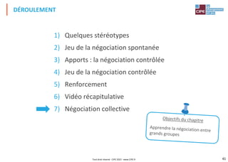 41
1) Quelques stéréotypes
2) Jeu de la négociation spontanée
3) Apports : la négociation contrôlée
4) Jeu de la négociation contrôlée
5) Renforcement
6) Vidéo récapitulative
7) Négociation collective
DÉROULEMENT
Tout droit réservé - CIPE 2022 - www.CIPE.fr
 
