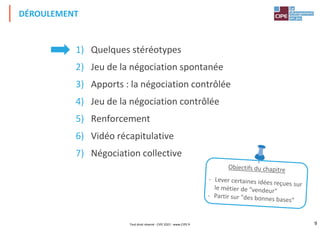 9
1) Quelques stéréotypes
2) Jeu de la négociation spontanée
3) Apports : la négociation contrôlée
4) Jeu de la négociation contrôlée
5) Renforcement
6) Vidéo récapitulative
7) Négociation collective
DÉROULEMENT
Tout droit réservé - CIPE 2022 - www.CIPE.fr
 