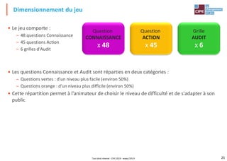 25
• Le jeu comporte :
– 48 questions Connaissance
– 45 questions Action
– 6 grilles d'Audit
• Les questions Connaissance et Audit sont réparties en deux catégories :
– Questions vertes : d'un niveau plus facile (environ 50%)
– Questions orange : d'un niveau plus difficile (environ 50%)
• Cette répartition permet à l'animateur de choisir le niveau de difficulté et de s'adapter à son
public
Dimensionnement du jeu
Tout droit réservé - CIPE 2019 - www.CIPE.fr
Question
CONNAISSANCE
x 48
Question
ACTION
x 45
Grille
AUDIT
x 6
 