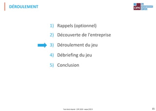 15
1) Rappels (optionnel)
2) Découverte de l'entreprise
3) Déroulement du jeu
4) Débriefing du jeu
5) Conclusion
DÉROULEMENT
Tout droit réservé - CIPE 2019 - www.CIPE.fr
 