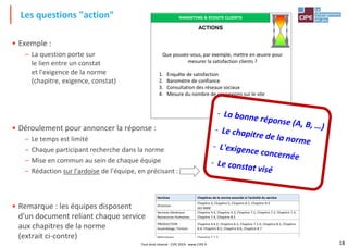 18
• Exemple :
– La question porte sur
le lien entre un constat
et l'exigence de la norme
(chapitre, exigence, constat)
• Déroulement pour annoncer la réponse :
– Le temps est limité
– Chaque participant recherche dans la norme
– Mise en commun au sein de chaque équipe
– Rédaction sur l'ardoise de l'équipe, en précisant :
• Remarque : les équipes disposent
d'un document reliant chaque service
aux chapitres de la norme
(extrait ci-contre)
Les questions "action"
Tout droit réservé - CIPE 2019 - www.CIPE.fr
Que pouvez-vous, par exemple, mettre en œuvre pour
mesurer la satisfaction clients ?
1. Enquête de satisfaction
2. Baromètre de confiance
3. Consultation des réseaux sociaux
4. Mesure du nombre de connexions sur le site
MARKETING & ECOUTE CLIENTS
ACTIONS
 