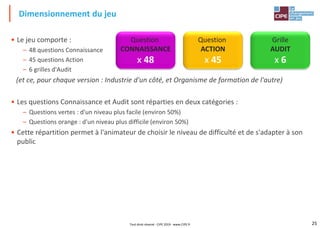 25
• Le jeu comporte :
– 48 questions Connaissance
– 45 questions Action
– 6 grilles d'Audit
(et ce, pour chaque version : Industrie d'un côté, et Organisme de formation de l'autre)
• Les questions Connaissance et Audit sont réparties en deux catégories :
– Questions vertes : d'un niveau plus facile (environ 50%)
– Questions orange : d'un niveau plus difficile (environ 50%)
• Cette répartition permet à l'animateur de choisir le niveau de difficulté et de s'adapter à son
public
Dimensionnement du jeu
Tout droit réservé - CIPE 2019 - www.CIPE.fr
Question
CONNAISSANCE
x 48
Question
ACTION
x 45
Grille
AUDIT
x 6
 