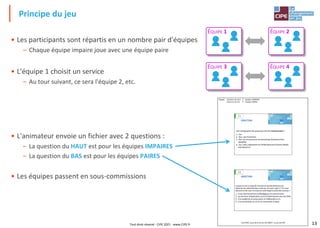 13
• Les participants sont répartis en un nombre pair d'équipes
– Chaque équipe impaire joue avec une équipe paire
• L'équipe 1 choisit un service
– Au tour suivant, ce sera l'équipe 2, etc.
• L'animateur envoie un fichier avec 2 questions :
– La question du HAUT est pour les équipes IMPAIRES
– La question du BAS est pour les équipes PAIRES
• Les équipes passent en sous-commissions
Principe du jeu
ÉQUIPE 1 ÉQUIPE 2
ÉQUIPE 3 ÉQUIPE 4
Tout droit réservé - CIPE 2021 - www.CIPE.fr
 
