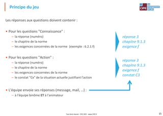 15
Les réponses aux questions doivent contenir :
• Pour les questions "Connaissance" :
– la réponse (numéro)
– le chapitre de la norme
– les exigences concernées de la norme (exemple : 6.2.1.f)
• Pour les questions "Action" :
– la réponse (numéro)
– le chapitre de la norme
– les exigences concernées de la norme
– le constat "Cx" de la situation actuelle justifiant l'action
• L'équipe envoie ses réponses (message, mail, …) :
– à l'équipe binôme ET à l'animateur
Principe du jeu
réponse 3
chapitre 9.1.3
exigence f
constat C3
réponse 3
chapitre 9.1.3
exigence f
Tout droit réservé - CIPE 2021 - www.CIPE.fr
 