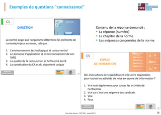 16
Exemples de questions "connaissance"
La norme exige que l'organisme détermine les éléments de
contexte/enjeux externes, tels que :
1. L'environnement technologique et concurrentiel
2. Le domaine d'application et le fonctionnement de son
SMQ
3. La qualité de la restauration et l'efficacité du CE
4. La constitution du CA et du document unique
13
DIRECTION
C1
Réponse
DIAPO SUIVANTE
TABLEAU DE BORD
Des instructions de travail doivent-elles être disponibles
pour toutes les activités de mise en œuvre de la formation ?
1. Vrai mais également pour toutes les activités de
l'entreprise
2. Vrai car c'est une exigence des syndicats
3. Vrai
4. Faux
115
C5
ESPACE
DE FORMATION
Réponse
DIAPO SUIVANTE
TABLEAU DE BORD
Contenu de la réponse demandé :
▪ La réponse (numéro)
▪ Le chapitre de la norme
▪ Les exigences concernées de la norme
Tout droit réservé - CIPE 2021 - www.CIPE.fr
 