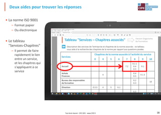 18
• La norme ISO 9001
– Format papier
– Ou électronique
• Le tableau
"Services-Chapitres"
– Il permet de faire
rapidement le lien
entre un service,
et les chapitres qui
s'appliquent à ce
service
Deux aides pour trouver les réponses
Tout droit réservé - CIPE 2021 - www.CIPE.fr
 