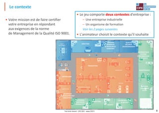 8
• Votre mission est de faire certifier
votre entreprise en répondant
aux exigences de la norme
de Management de la Qualité ISO 9001.
Le contexte
Tout droit réservé - CIPE 2021 - www.CIPE.fr
• Le jeu comporte deux contextes d'entreprise :
– Une entreprise industrielle
– Un organisme de formation
Voir les 2 pages suivantes
• L'animateur choisit le contexte qu'il souhaite
DIRECTION
SERVICES
GÉNÉRAUX
& RESSOURCES
HUMAINES
QUALITÉ
SÉCURITÉ
ENVIRONNEMENT
INFORMATIQUE
SYSTÈME
D'INFORMATION
& ARCHIVES
MAINTENANCE
ASSEMBLAGE
FINITION
PRODUCTION
VESTIAIRES & ZONE EPI
MÉTROLOGIE
LABORATOIRE
RECHERCHE
& DÉVELOPPEMENT
CONCEPTION
MÉTHODES
GESTION DE
PRODUCTION
MARKETING
ACHATS
COMMUNICATION
& ACCUEIL
MAGASIN
LOGISTIQUE
& SAV
SALLE
DE RÉUNION
 