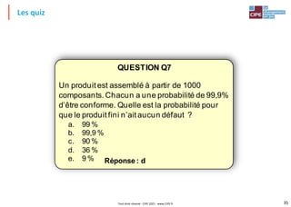 35
Les quiz
Réponse : d
QUESTION Q7
Un produit est assemblé à partir de 1000
composants. Chacun a une probabilité de 99,9%
d’être conforme. Quelle est la probabilité pour
que le produit fini n’ait aucun défaut ?
a. 99 %
b. 99,9 %
c. 90 %
d. 36 %
e. 9 %
Tout droit réservé - CIPE 2021 - www.CIPE.fr
 