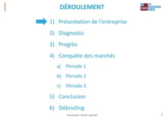 7
1) Présentation de l'entreprise
2) Diagnostic
3) Progrès
4) Conquête des marchés
a) Période 1
b) Période 2
c) Période 3
5) Conclusion
6) Débriefing
DÉROULEMENT
Tout droit réservé - CIPE 2021 - www.CIPE.fr
 