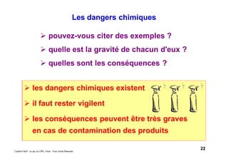 22Caddie Frais® - un jeu du CIPE, Paris - Tous Droits Réservés
Les dangers chimiques
pouvez-vous citer des exemples ?
quelle est la gravité de chacun d'eux ?
quelles sont les conséquences ?
les dangers chimiques existent
il faut rester vigilent
les conséquences peuvent être très graves
en cas de contamination des produits
 
