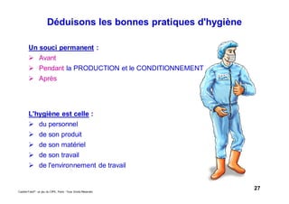 27Caddie Frais® - un jeu du CIPE, Paris - Tous Droits Réservés
Déduisons les bonnes pratiques d'hygiène
Un souci permanent :
Avant
Pendant la PRODUCTION et le CONDITIONNEMENT
Après
L'hygiène est celle :
du personnel
de son produit
de son matériel
de son travail
de l'environnement de travail
 
