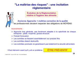 29Caddie Frais® - un jeu du CIPE, Paris - Tous Droits Réservés
Évolution de la Réglementation
relative à l'hygiène des aliments
"La maîtrise des risques" : une incitation
réglementaire
Ancienne Approche = maîtrise corrective de la qualité
les professionnels devaient respecter des obligations de MOYENS
Inconvénients :
Approche trop générale, pas forcément adaptée à la spécificité de chaque
entreprise : petite, moyenne, grosse structure
Freinait l'innovation
Les contrôles se faisaient essentiellement sur produits finis
Les contrôles étaient destructifs
Les contrôles ponctuels ne garantissent pas totalement la sécurité alimentaire
Il faut intervenir avant qu'il y ait un problème ÊTRE PRÉVENTIF
 