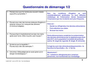 5Caddie Frais® - un jeu du CIPE, Paris - Tous Droits Réservés
Questionnaire de démarrage 1/2
1. Pensez-vous que l'on tombe plus souvent malade
aujourd'hui qu'autrefois ? Non, les conditions d'hygiène se sont
considérablement améliorées. La (sur) diffusion
médiatique de l'information donne faussement
l'impression que les incidents sont plus fréquents.
2. Pouvez-vous citer des bonnes pratiques d'hygiène à
observer lorsque l'on manipule des aliments
(3 minimum exigées).
Chez soi :
• Garder au réfrigérateur les denrées alimentaires
• Faire attention aux dates
• Se laver les mains
3. Pourquoi faut-il impérativement se laver les mains
après avoir fumé, s'être mouché, avoir toussé ? Particulièrement pour empêcher la contamination
des denrées alimentaires par le staphylocoque doré
dont 40 % de la population mondiale est porteuse
(salive mégot de cigarette doigts aliments)
4. Qu'est-ce que la traçabilité ?
Pouvez-vous citer des exemples ? Il s'agit du suivi des aliments pratiquement de « la
fourche à la fourchette ». Ex : n°de lot.
5. Une erreur d'étiquetage est-ce aussi grave qu'un
danger microbiologique ?
Absolument !
Ex : substance allergisante pour certaines
personnes, non mentionnée sur l'emballage
 